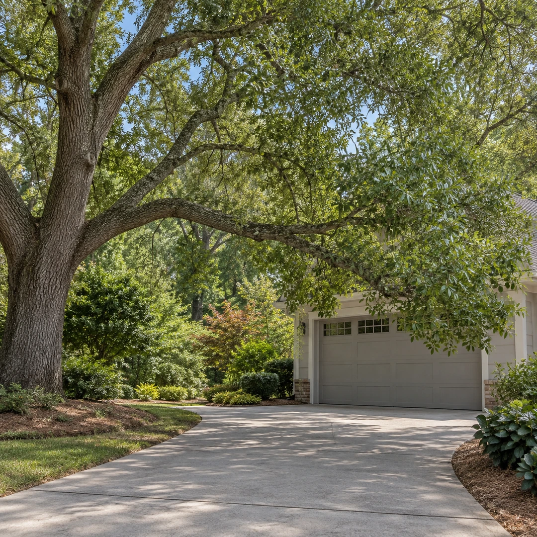 selected low tree limb crowding a driveway with healthy retained trunk and canopy visible