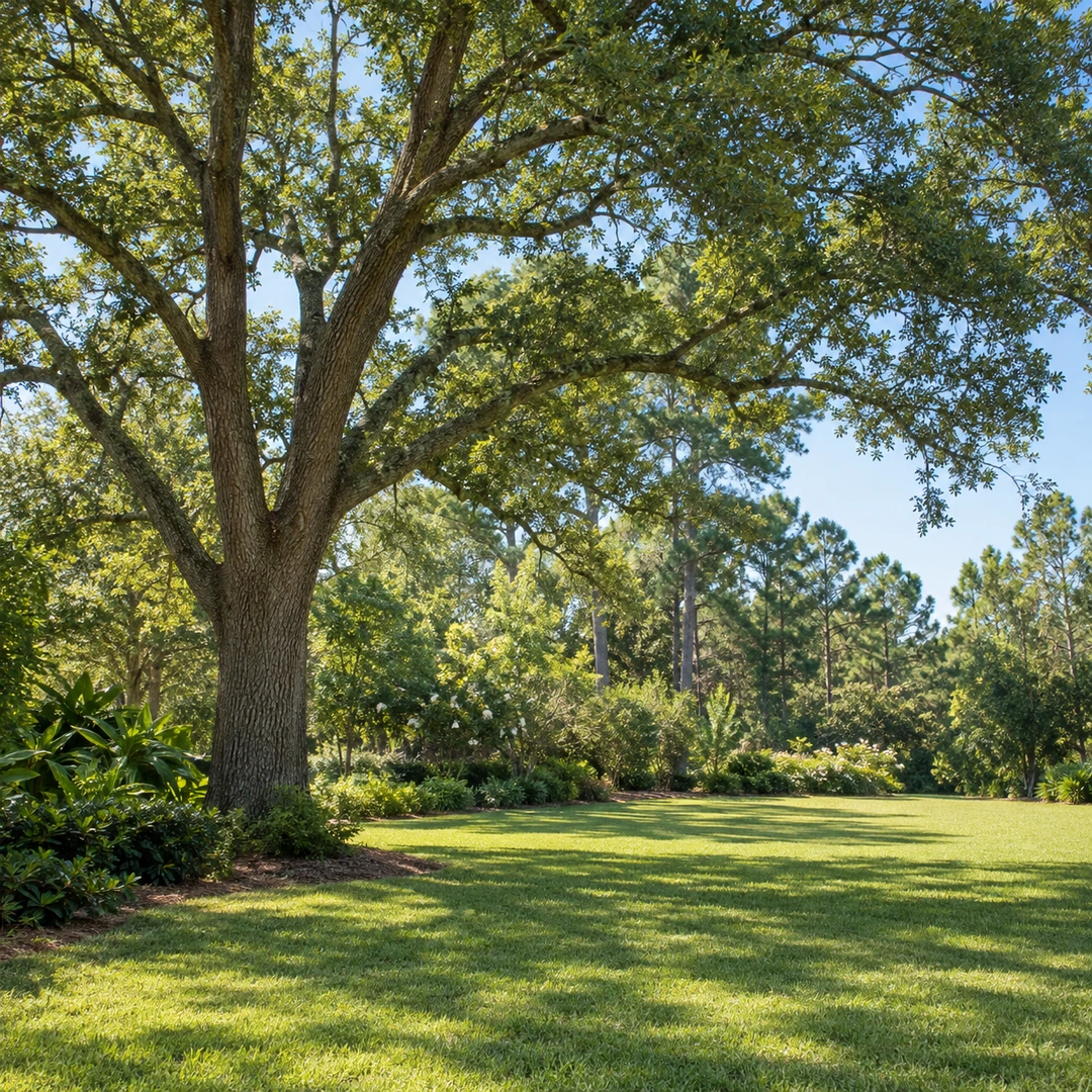 healthy retained mature tree with natural branch structure above open lawn