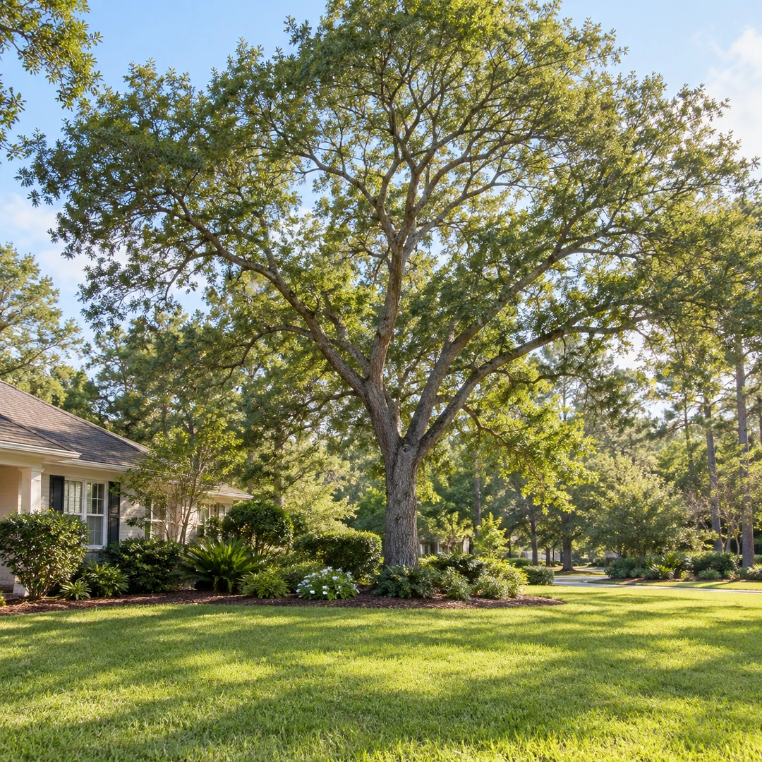 balanced retained large shade tree with airy crown over suburban lawn
