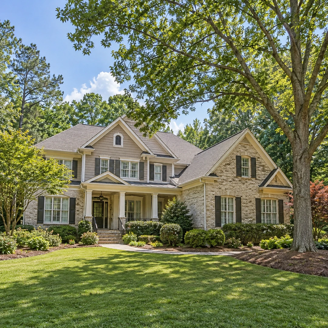 wide Georgia house and yard showing tree near roofline and clear ground access