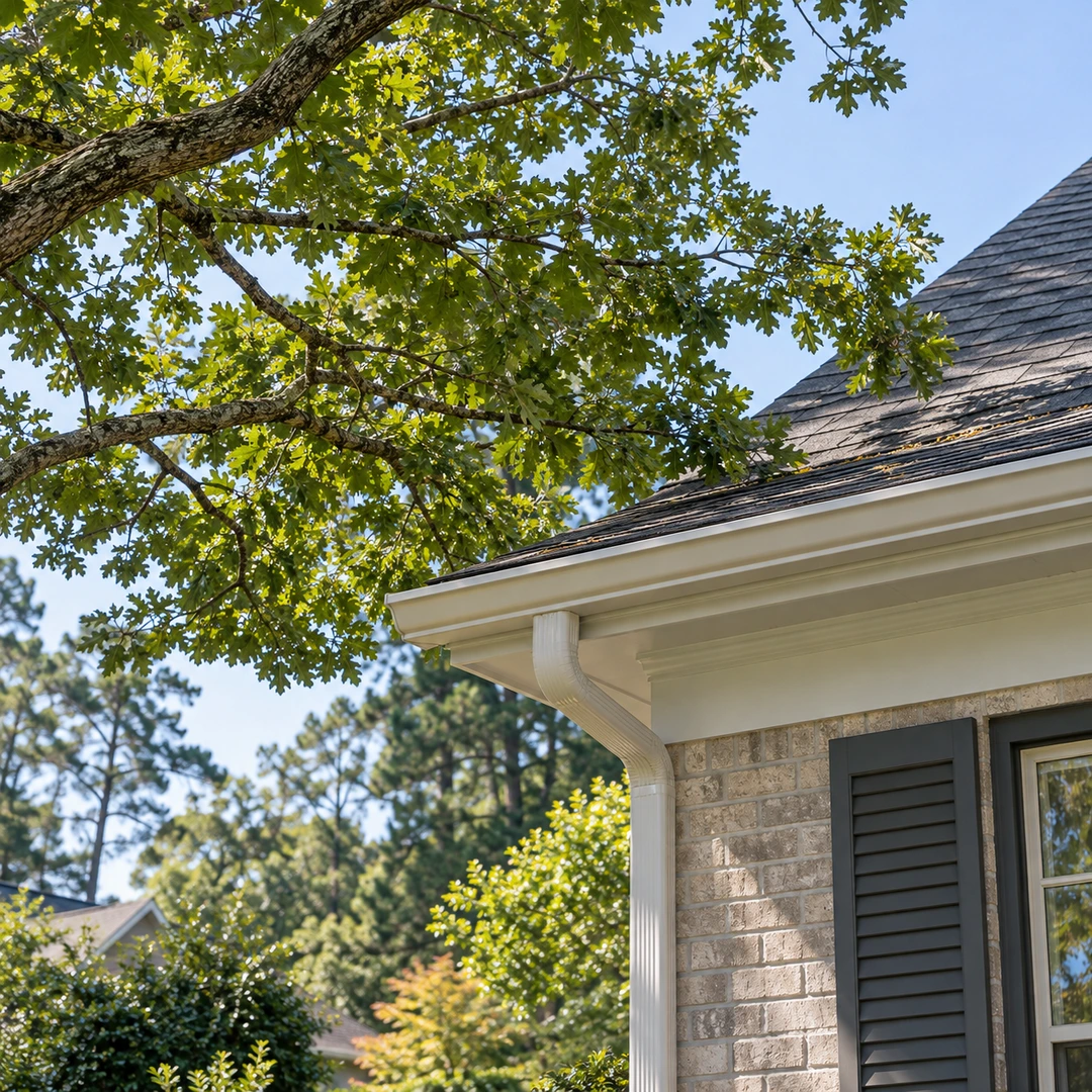 mature leafy branch approaching house roof edge and gutter viewed safely from lawn