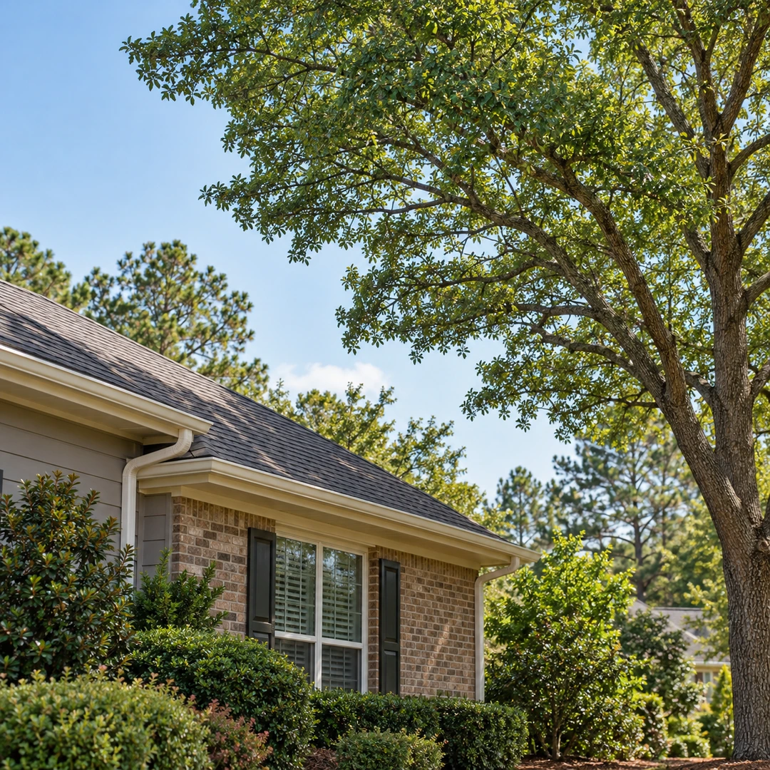 suburban home roof with healthy tree set back and open space between canopy and shingles