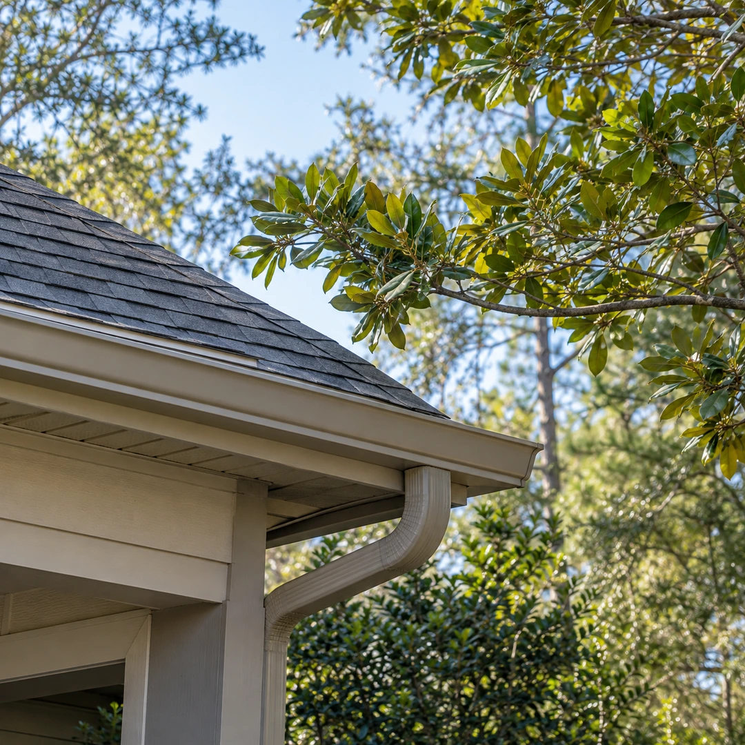 house roofline and gutter with nearby branch showing limited clearance without contact