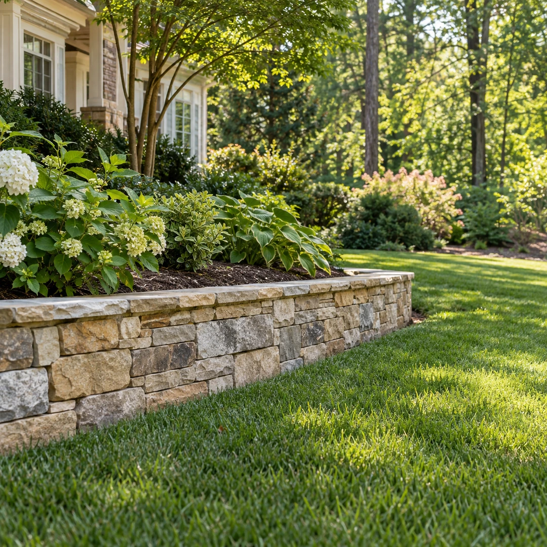 short stone landscape retaining wall defining raised garden beside level Georgia lawn