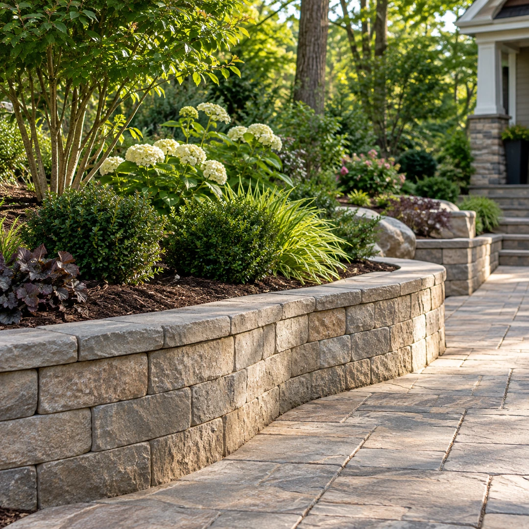 small block wall supporting raised landscape bed beside garden walkway