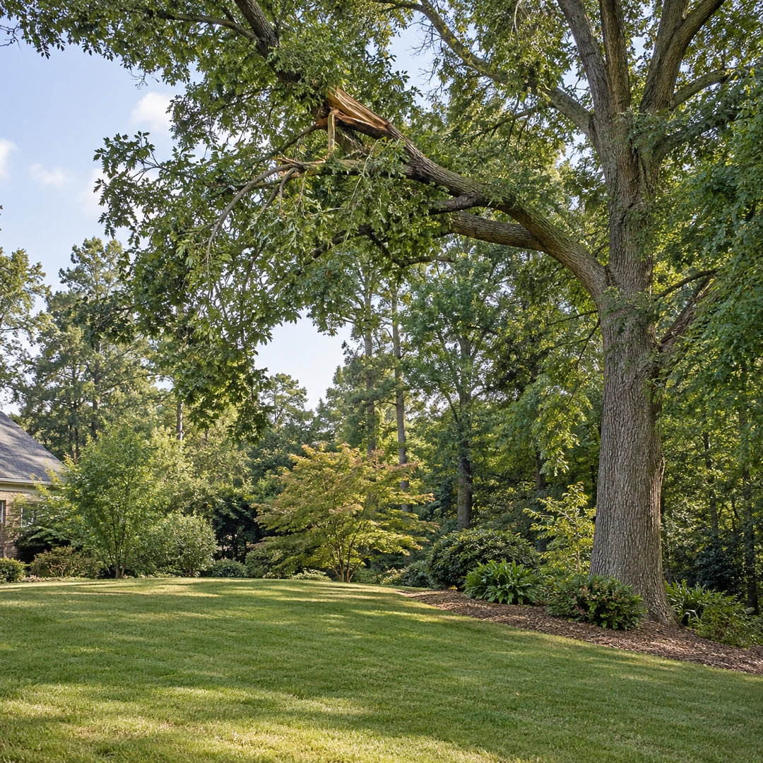 wide Georgia yard with damaged branch lodged in tree crown and clear empty area below