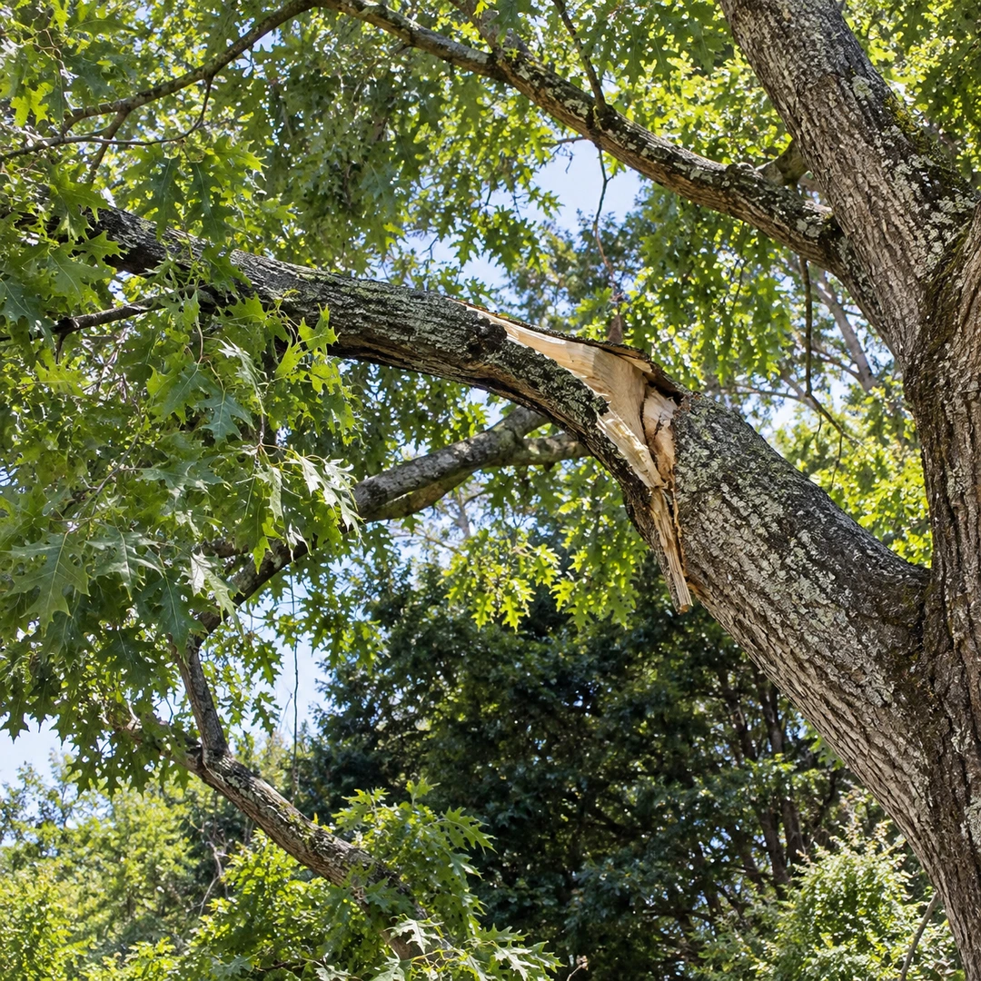 close naturally split broken tree branch still attached with healthy leaves and neighboring limbs visible