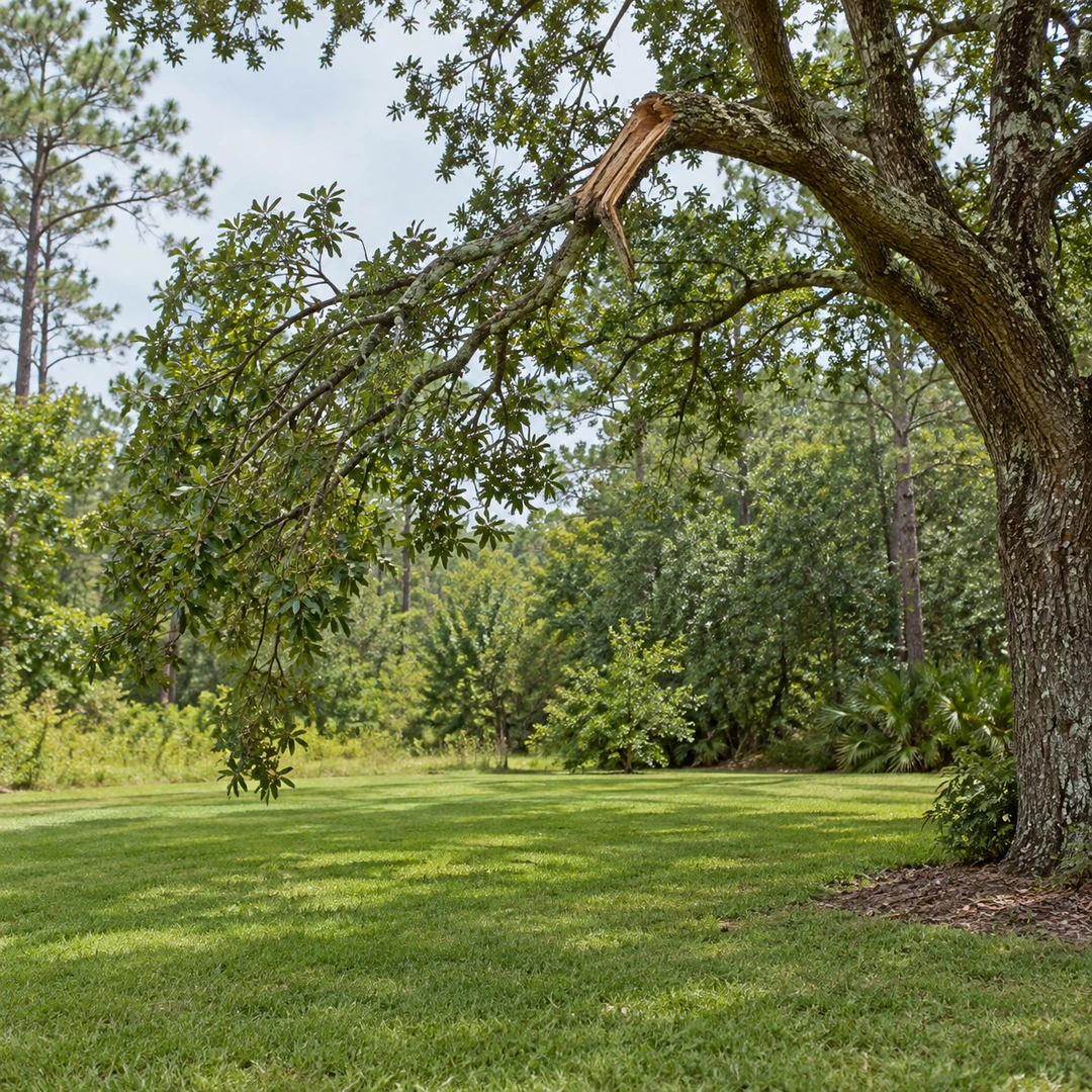 empty grass area below visibly damaged tree branch viewed from safe distance