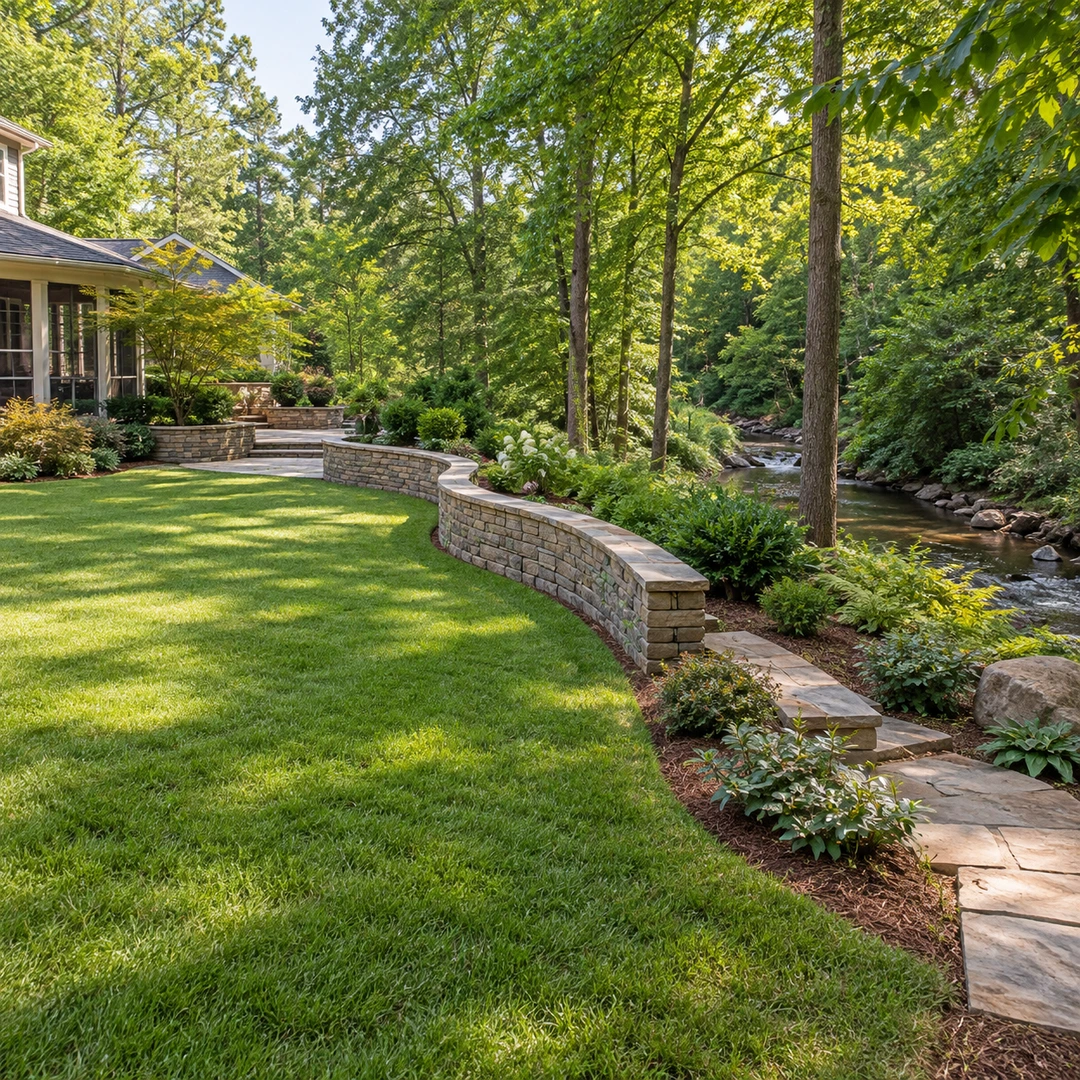 wide Georgia backyard with low landscape wall and access around planted garden edge