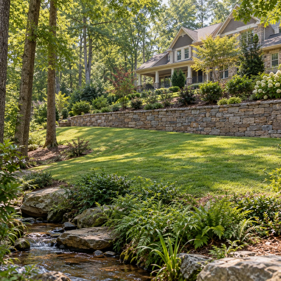wide sloped Georgia backyard with garden wall and house set back above grade