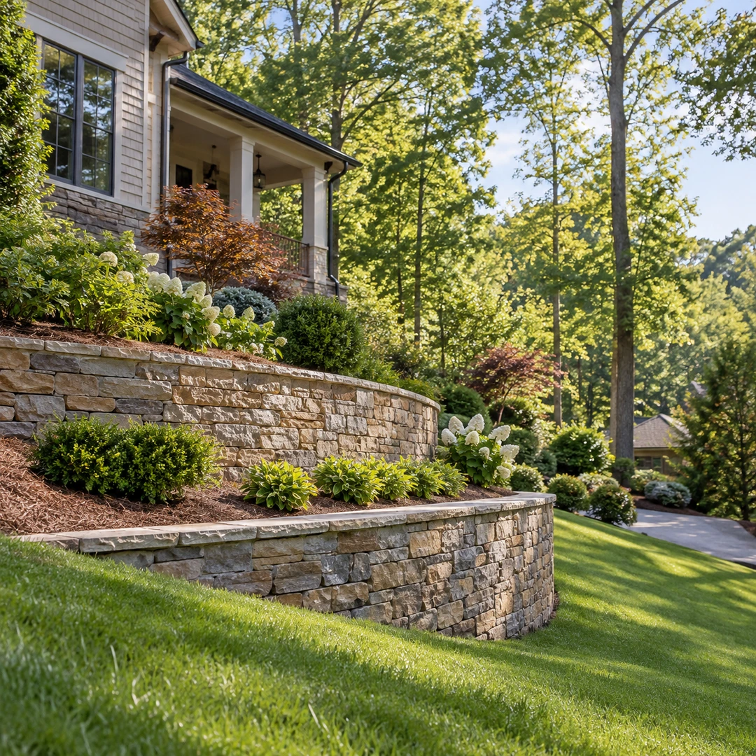 sloped suburban Georgia yard supported by modest terraced stone retaining wall