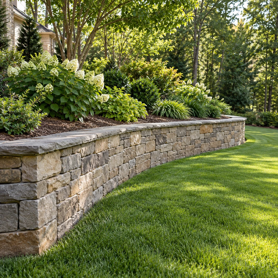 finished stone garden wall with neatly graded grass and planted bed above