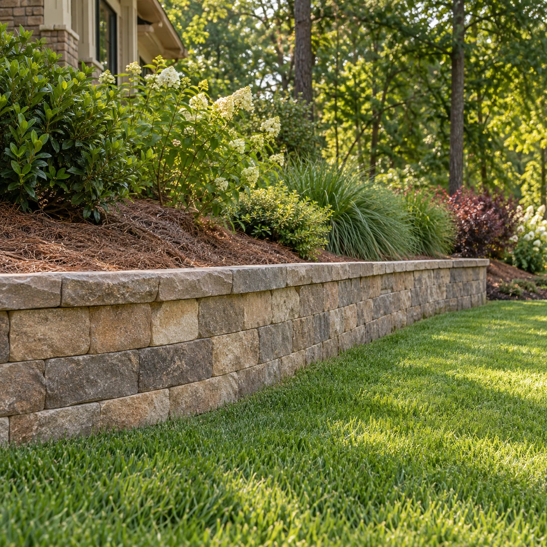 side view of short retaining wall showing planted soil above and lawn below slope