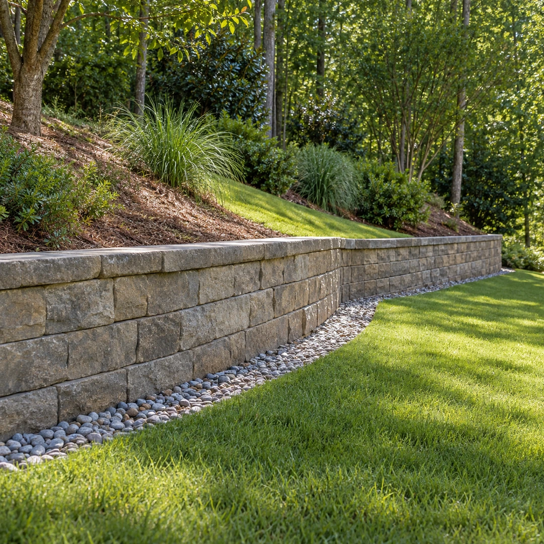 retaining wall on grassy slope with visible gravel drainage strip and clear landscaped surface