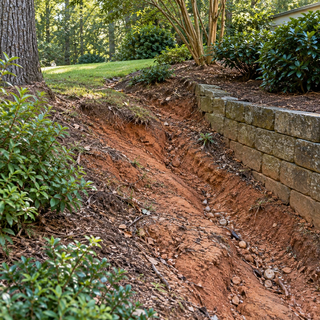 eroded reddish soil patch on Georgia backyard slope with runoff channel near landscape wall