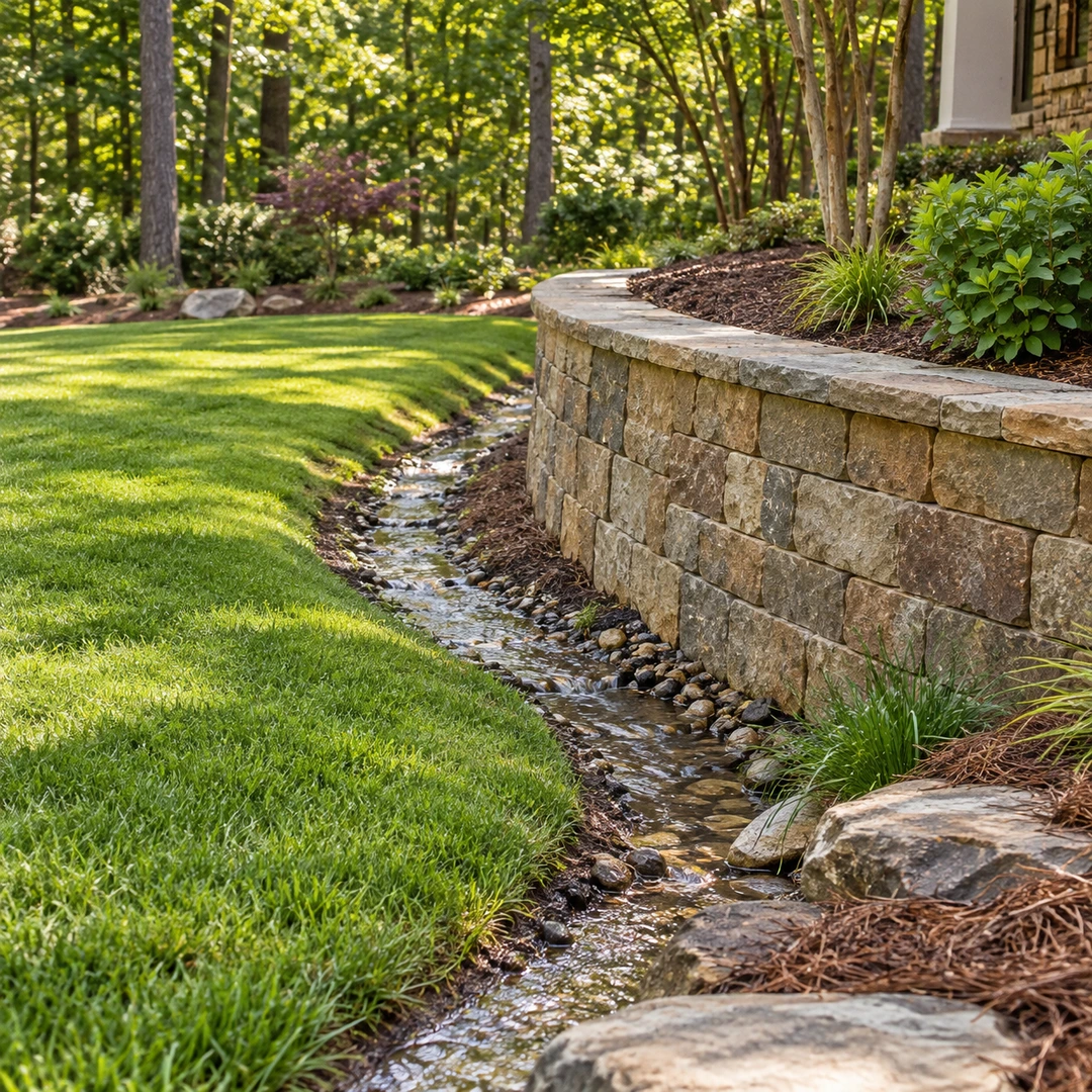 shallow surface swale routing water around landscape retaining wall beside lawn