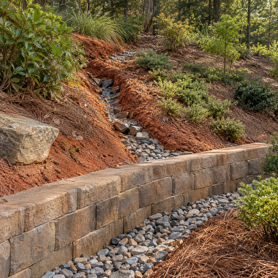 runoff channel through reddish soil above low retaining wall with gravel drainage route