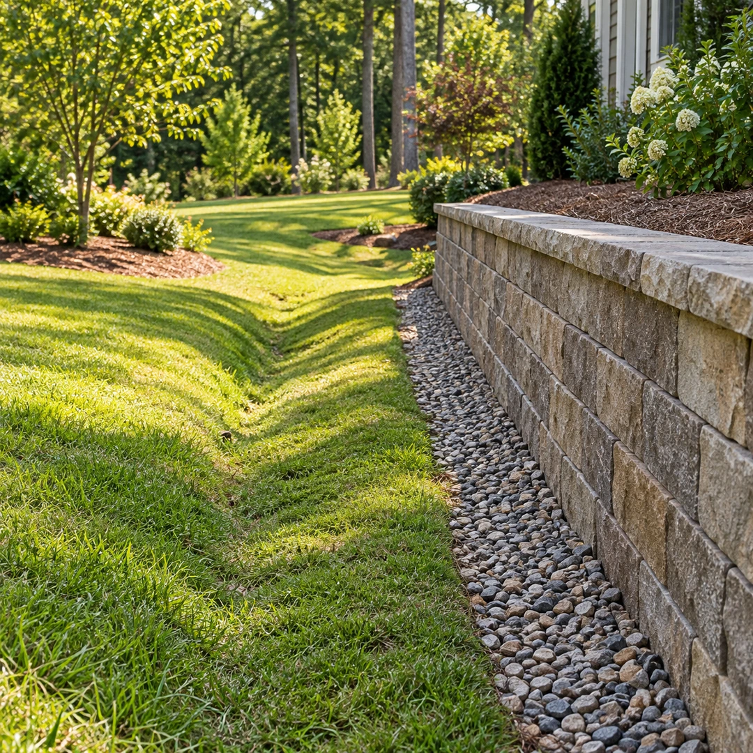 retaining wall with visible gravel drainage strip and separate shallow grass swale