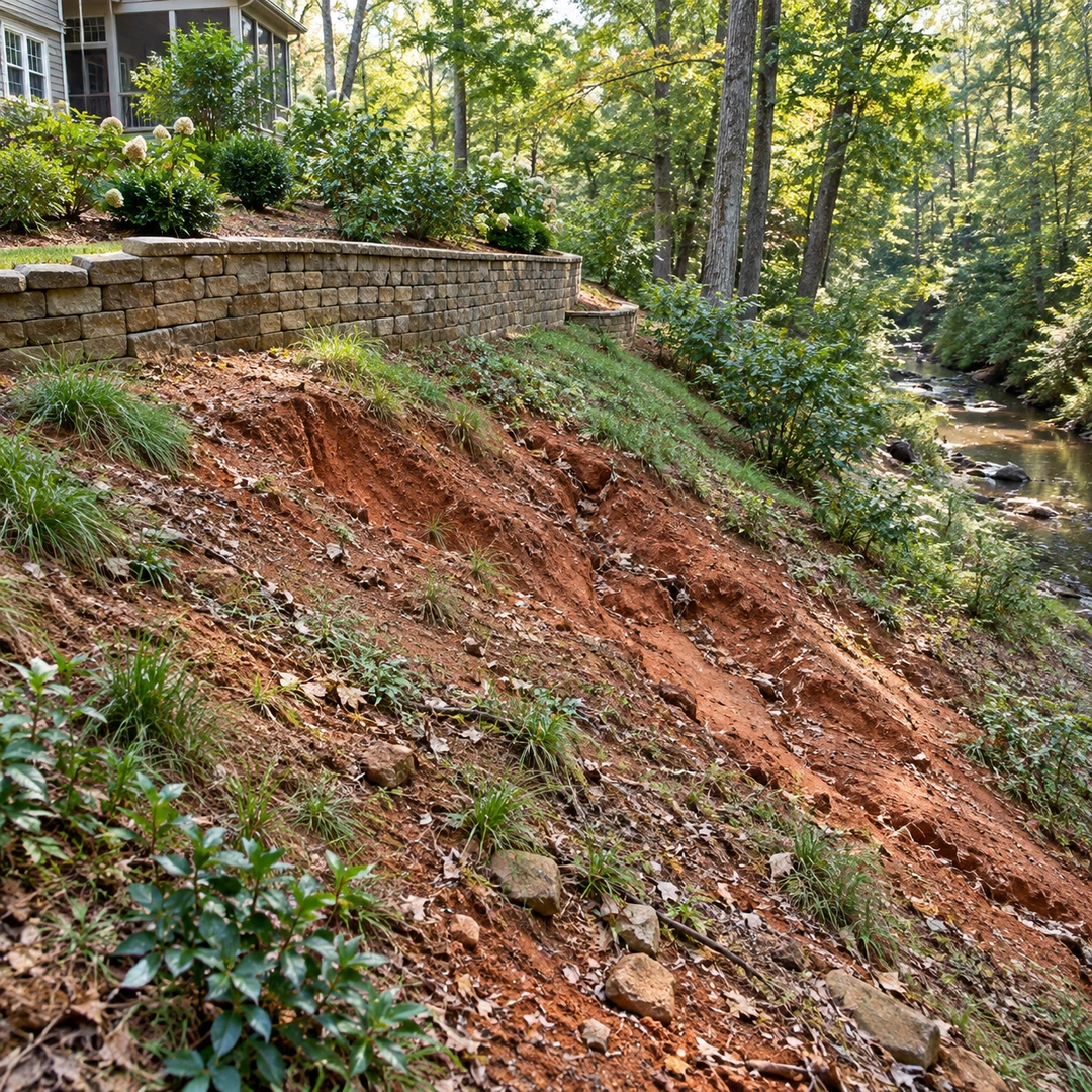 wide sloped Georgia backyard showing erosion on reddish soil beside a garden support wall