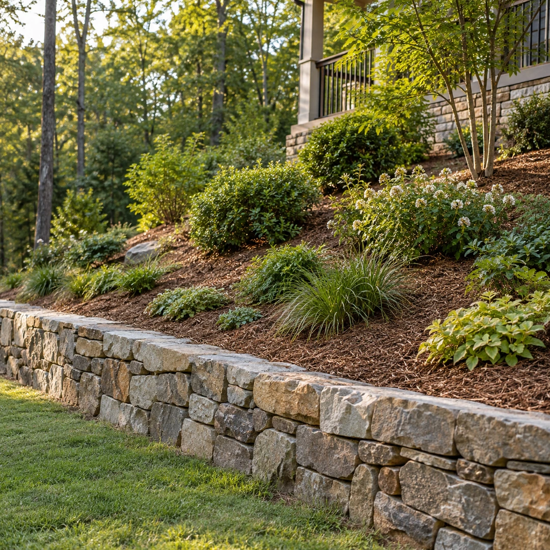 finished sloped garden with mulch and low plants protecting soil above short stone wall
