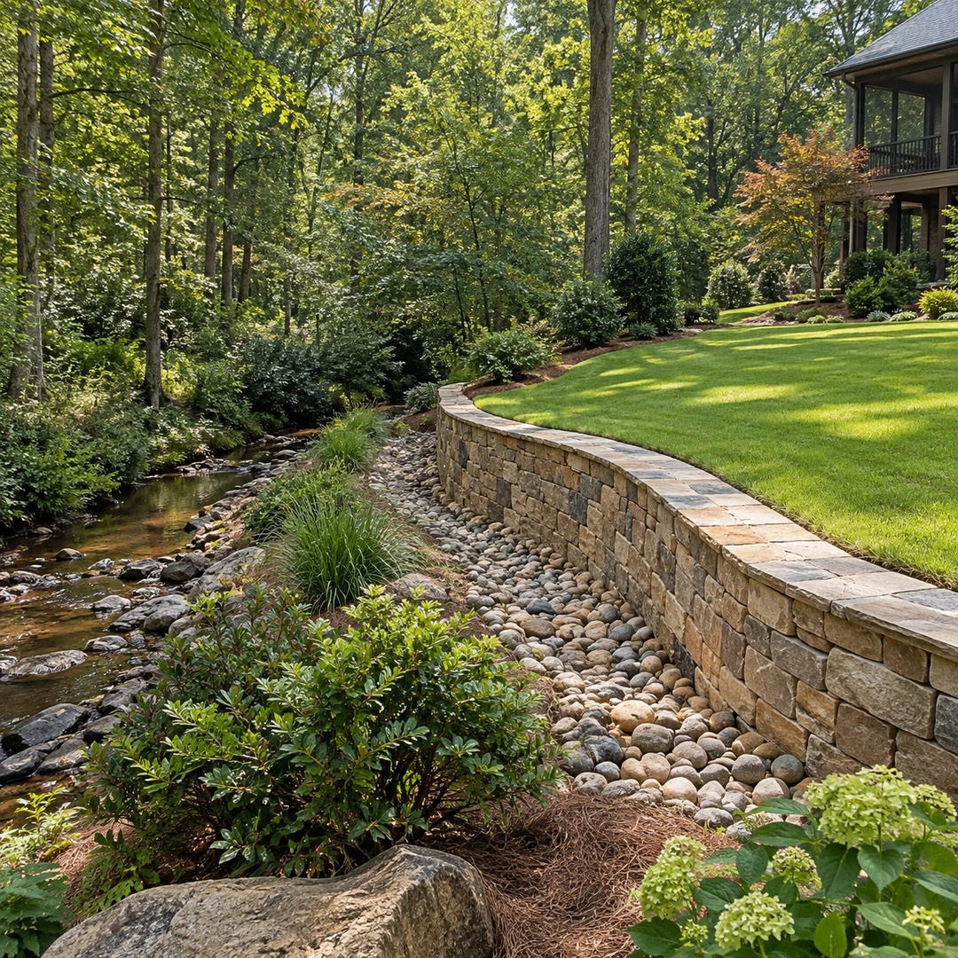 wide Georgia backyard showing wall and natural drainage route around lawn edge