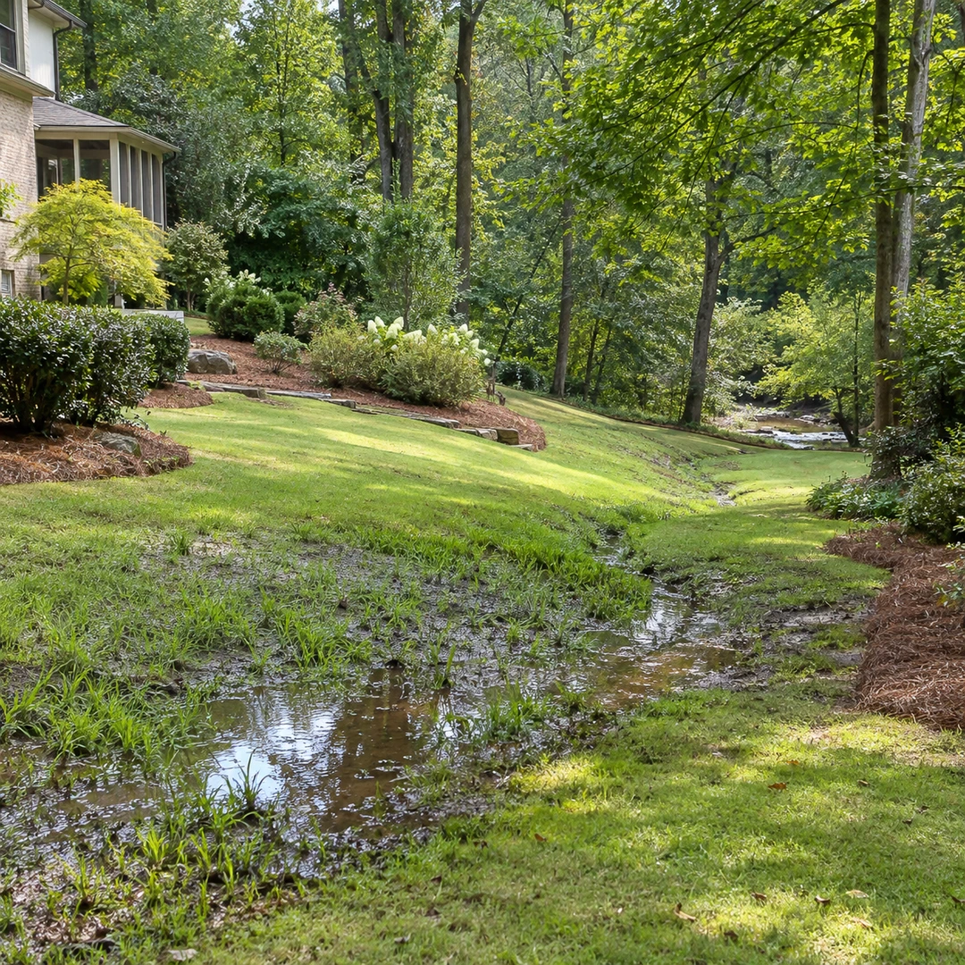wide Georgia yard showing wet low area and downhill drainage destination