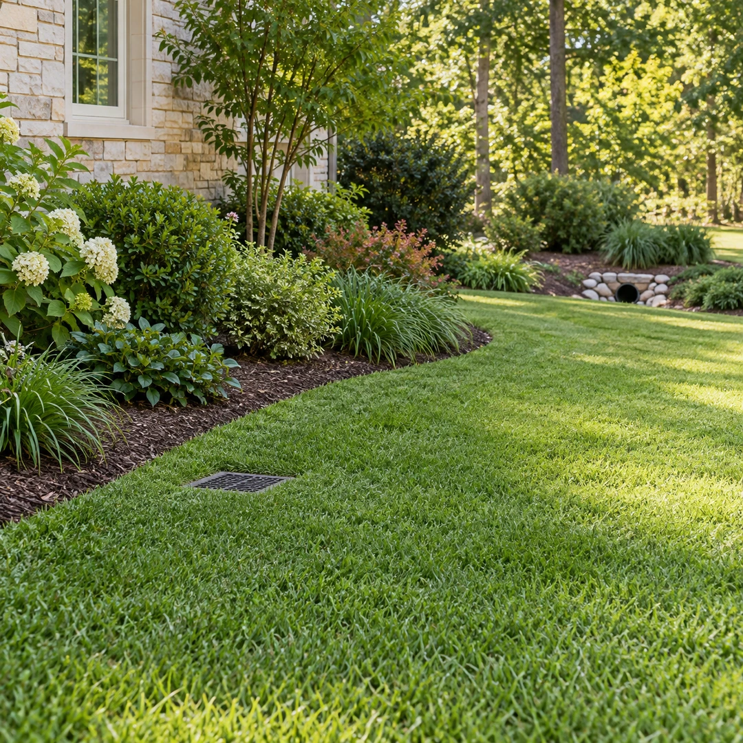finished lawn with discreet accessible drainage inlet and outlet beside planting bed