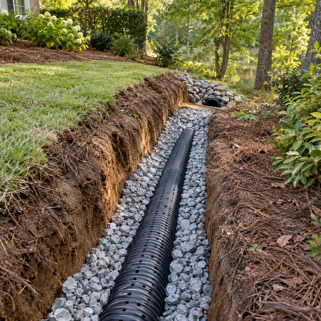 open French drain trench with clean gravel and perforated pipe leading to downhill outlet