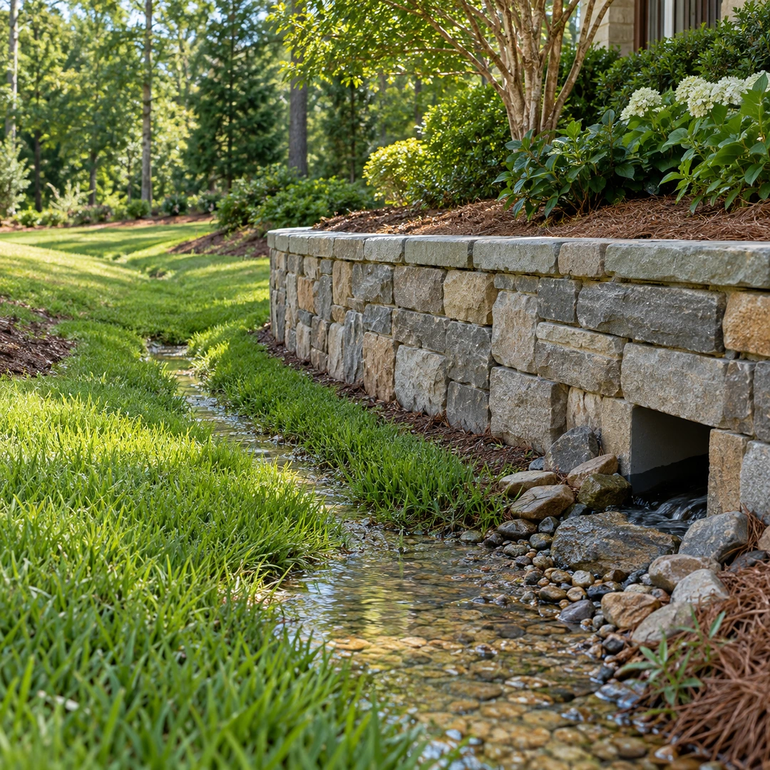 clear shallow grass drainage route beside finished stone wall with open outlet