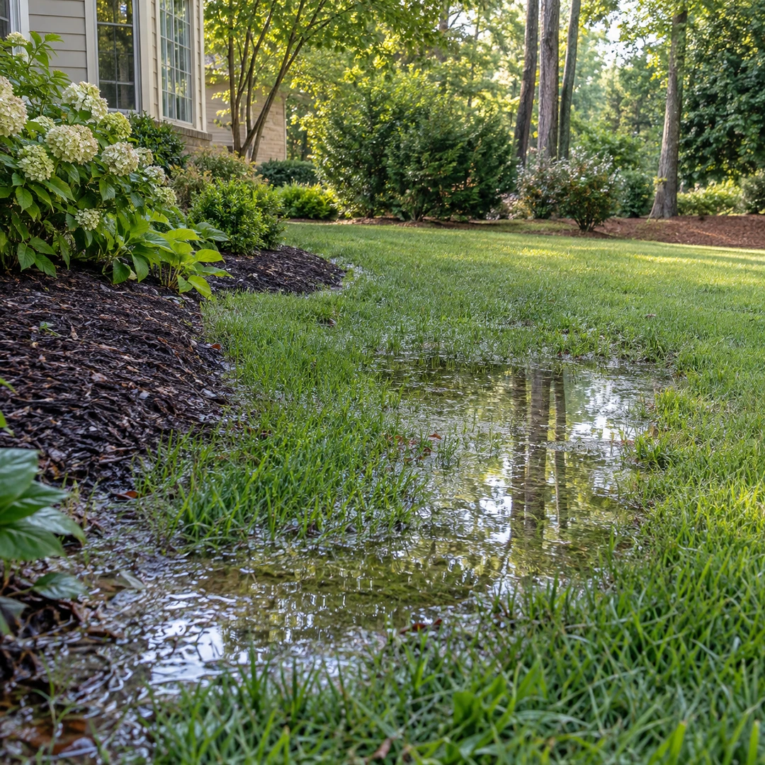 low suburban lawn area holding shallow rainwater beside garden