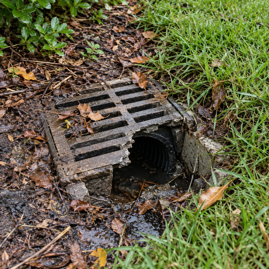 damaged yard drain inlet surrounded by leaves and wet soil beside grass