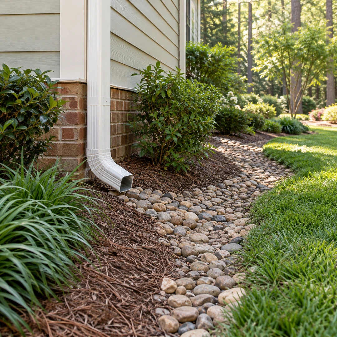 house exterior with downspout and shallow runoff swale directing water away from wall