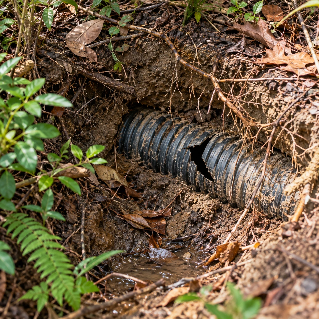 exposed damaged corrugated drain pipe in small soil opening with roots and leaves around it