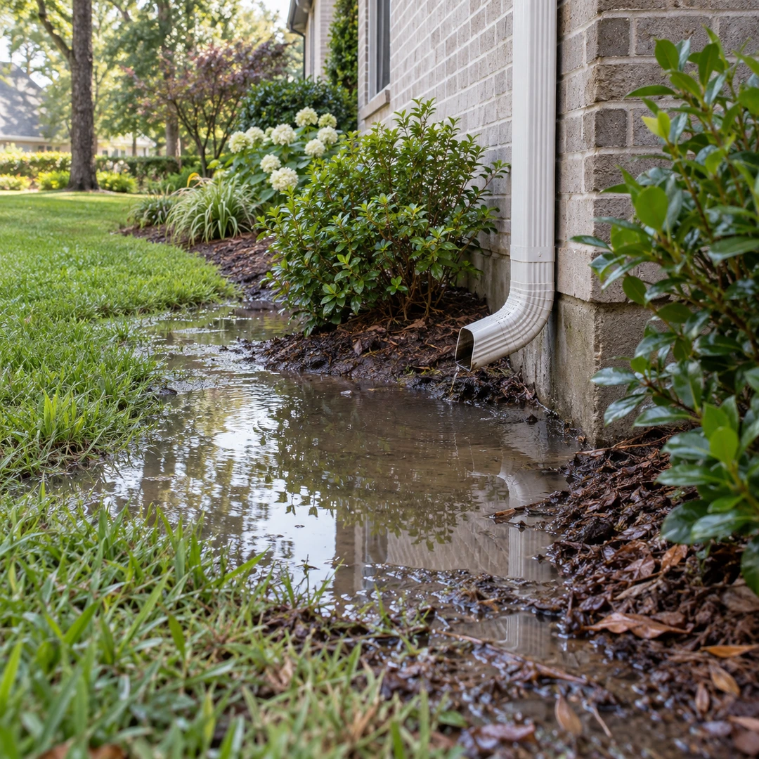 rainwater pooling beside suburban house foundation near downspout and garden