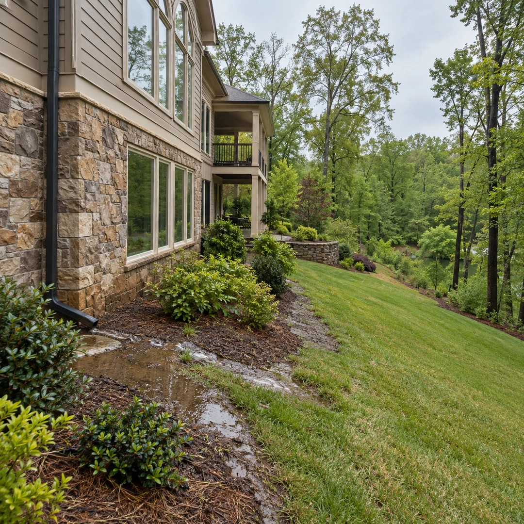 wide Georgia house exterior with wet ground near foundation and downhill lawn access