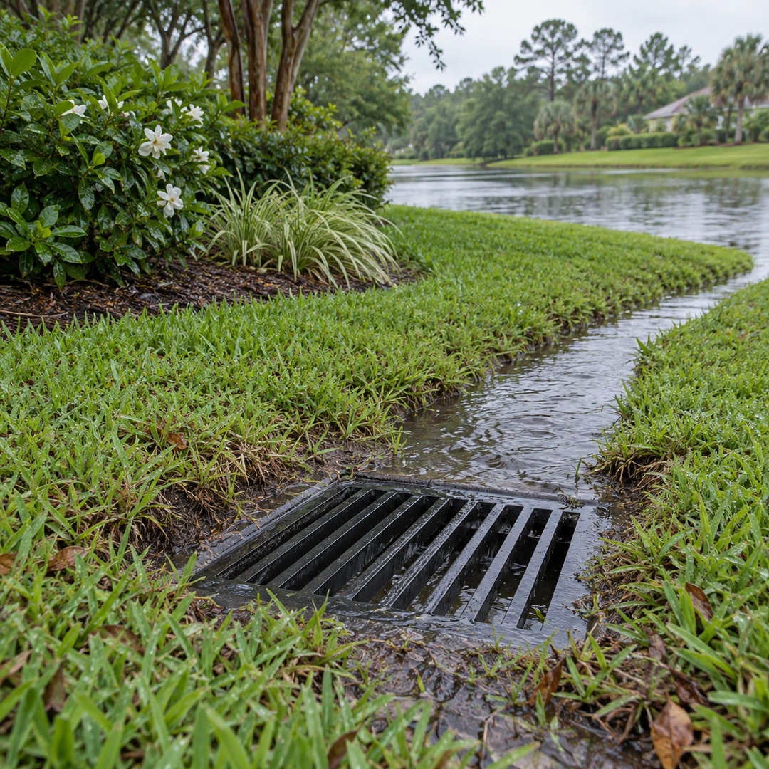 repaired yard drain inlet clear of debris with damp grass and open water route