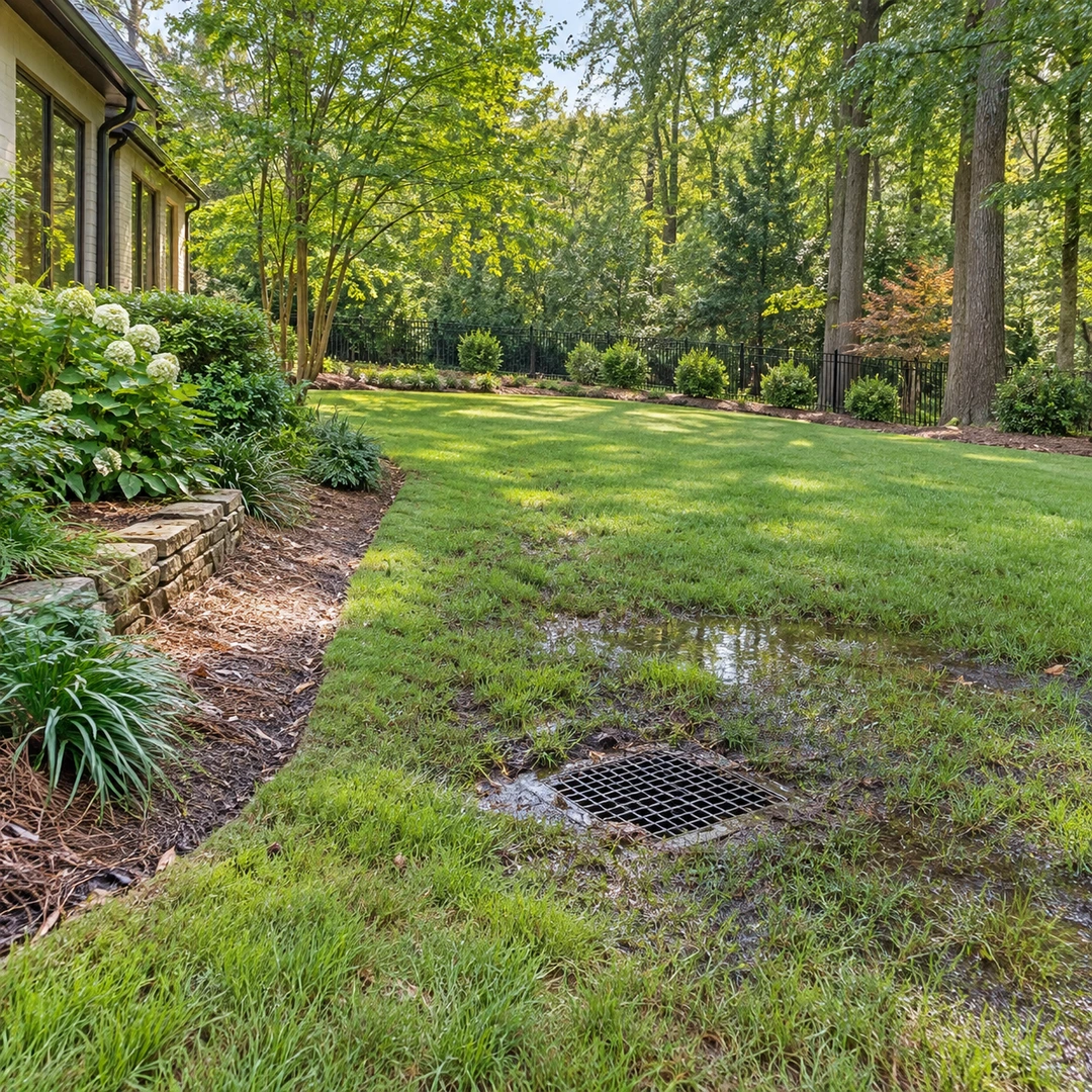 wide Georgia backyard with existing drain inlet in wet lawn and clear access beside garden