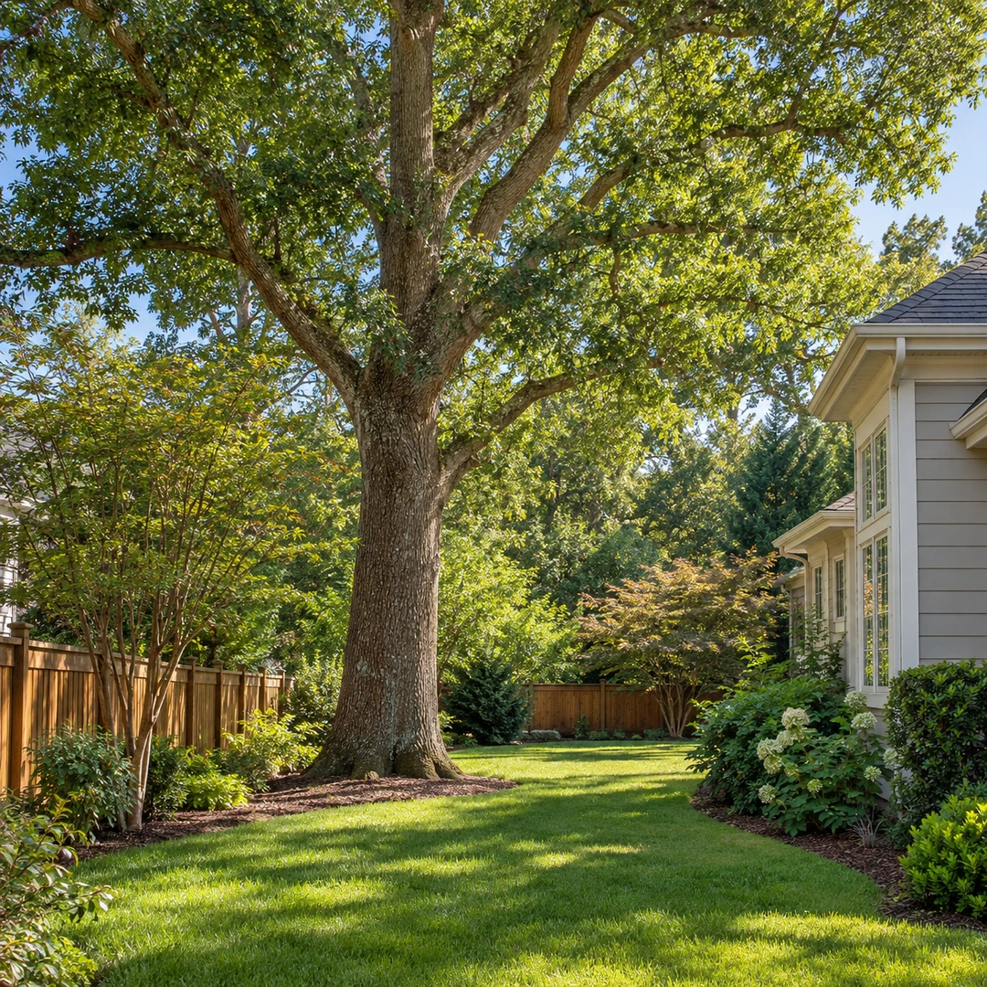 large mature Georgia backyard tree near house and fence with clear removal access