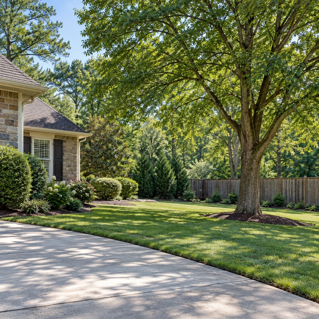 wide suburban Georgia yard showing mature tree near driveway and boundary fence
