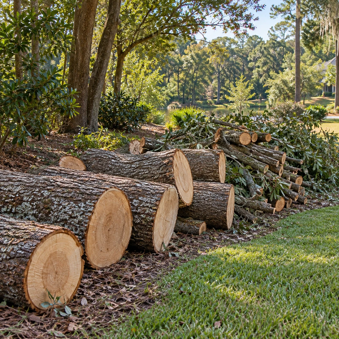 cut tree trunk sections and branches staged neatly along open lawn edge
