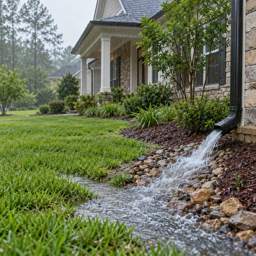 suburban house in light rain with water visibly flowing away through lawn drainage route