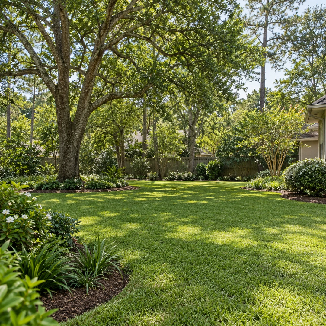 clean yard with healthy mature remaining trees and open grass area showing preserved access
