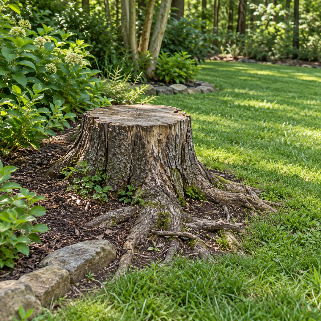 old tree stump protruding from grassy backyard beside planting bed with exposed roots