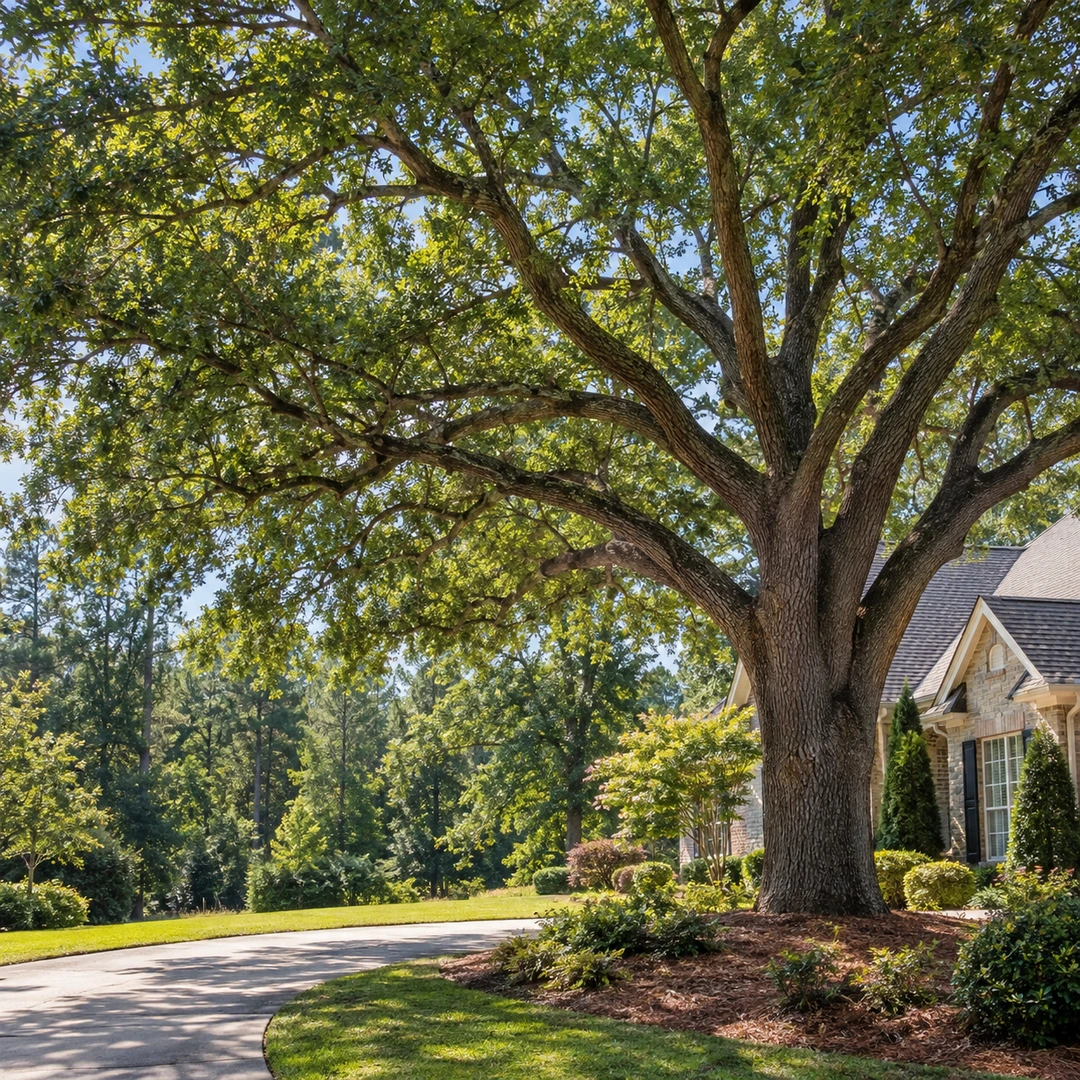 Large shade tree beside a driveway and planted lawn