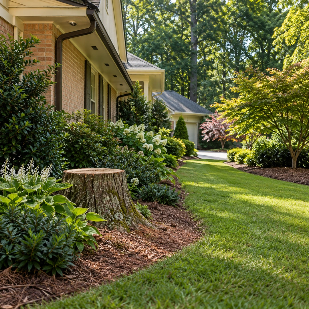 Tree stump beside a landscaped residential lawn