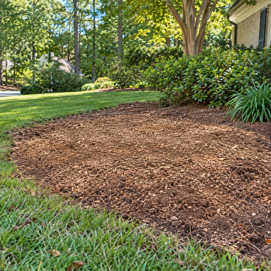 Cleared soil patch bordered by lawn and planting beds
