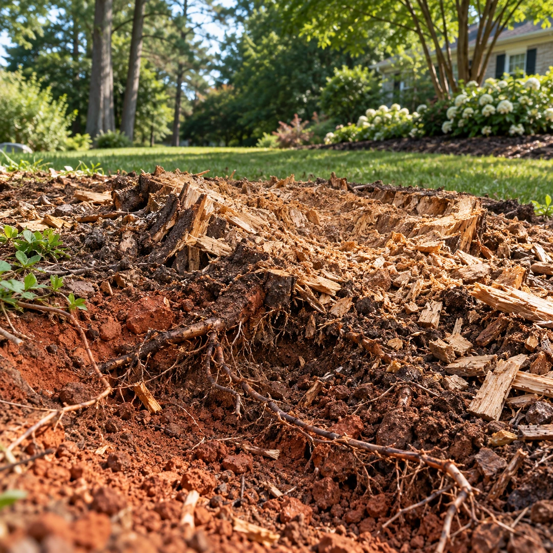 Exposed roots and wood fragments around a ground stump