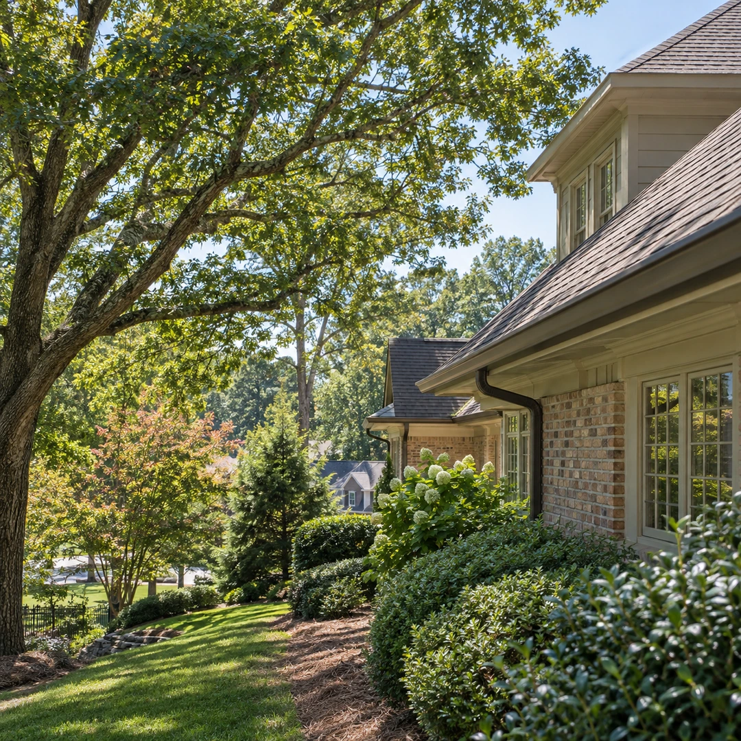 Leafy tree canopy beside a house roof