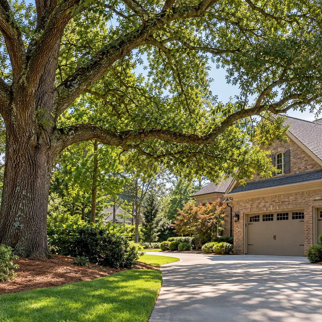 Mature tree beside a residential driveway