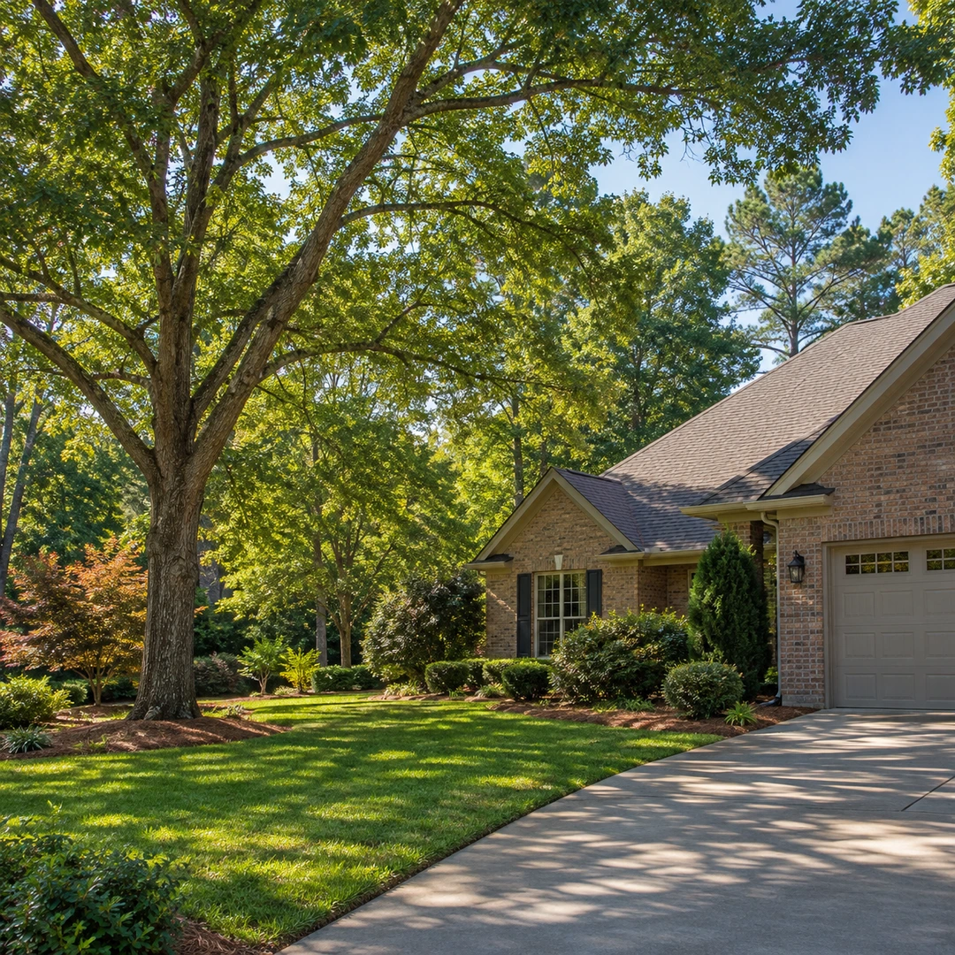 Intact tree canopy above a residential lawn